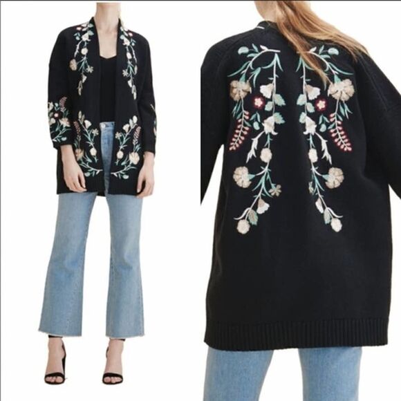 Maje Mirodi Black Floral Embroidered Open Front Knit Cardigan Size 1 / Small - Picture 1 of 8